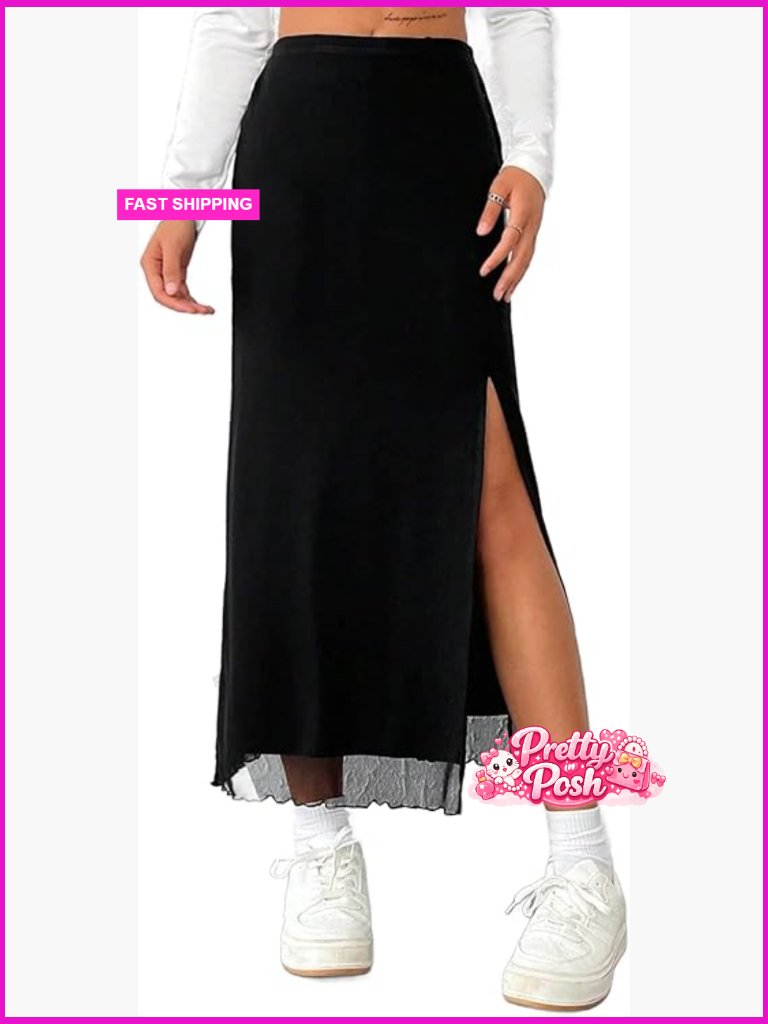 Mesh Slit Split Long Maxi Skirt High Waisted Sexy Summer